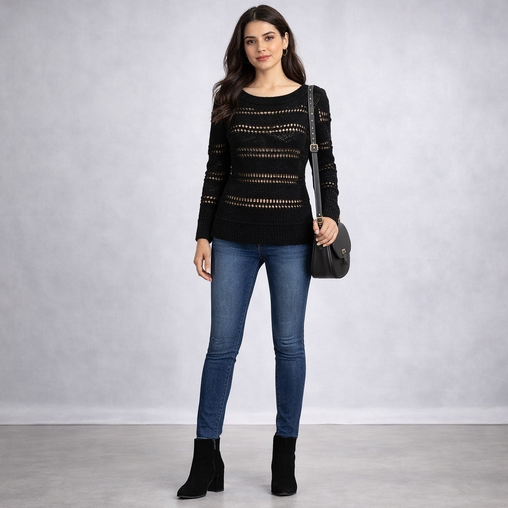 White House Black Market Black Crew Neck Strip Open Knit Pullover Sweater Sz XS